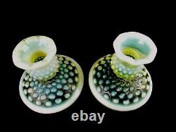 Fenton Vaseline Opalescent Hobnail Art Glass Topaz Candle Holders Older