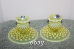 Fenton Vaseline Topaz Uranium Glass Opalescent Hobnail Candle Holders REDUCED