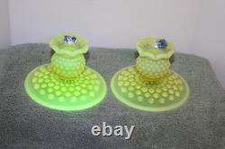Fenton Vaseline Topaz Uranium Glass Opalescent Hobnail Candle Holders REDUCED