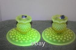 Fenton Vaseline Topaz Uranium Glass Opalescent Hobnail Candle Holders REDUCED
