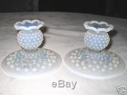 Fenton White Hobnail Opalescent Art Glass Candle Holders Stick Candlestick Light