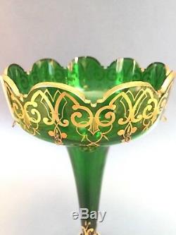 Fine 19th C Bohemian Emerald Green Glass Gilt Luster Candle Holder Prisms