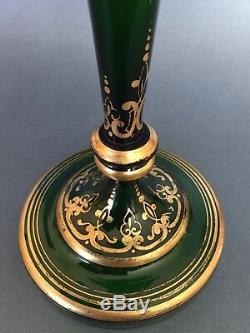 Fine 19th C Bohemian Emerald Green Glass Gilt Luster Candle Holder Prisms