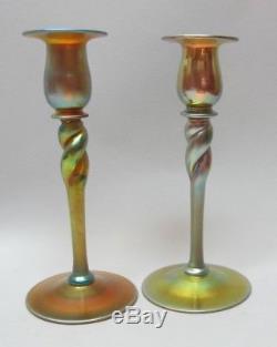 Fine Pair of STEUBEN AURENE Twist Art Nouveau Glass Candle Holders c. 1920