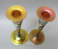 Fine Pair of STEUBEN AURENE Twist Art Nouveau Glass Candle Holders c. 1920