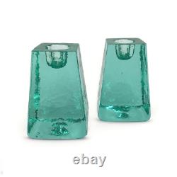 Fire And Light Aqua Recycled Art Glass Candle Holders Set of 2 SIGNED 3.25 READ