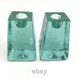Fire And Light Aqua Recycled Art Glass Candle Holders Set of 2 SIGNED 3.25 READ