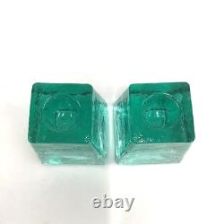 Fire And Light Aqua Recycled Art Glass Candle Holders Set of 2 SIGNED 3.25 READ