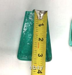 Fire And Light Aqua Recycled Art Glass Candle Holders Set of 2 SIGNED 3.25 READ