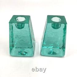 Fire And Light Aqua Recycled Art Glass Candle Holders Set of 2 SIGNED 3.25 READ