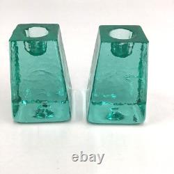 Fire And Light Aqua Recycled Art Glass Candle Holders Set of 2 SIGNED 3.25 READ