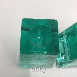 Fire And Light Aqua Recycled Art Glass Candle Holders Set of 2 SIGNED 3.25 READ