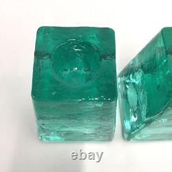 Fire And Light Aqua Recycled Art Glass Candle Holders Set of 2 SIGNED 3.25 READ