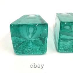 Fire And Light Aqua Recycled Art Glass Candle Holders Set of 2 SIGNED 3.25 READ