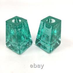 Fire And Light Aqua Recycled Art Glass Candle Holders Set of 2 SIGNED 3.25 READ