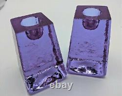 Fire & Light Art Glass Neodymium Candle Stick Holder Pair Lavender Blue Dichroic