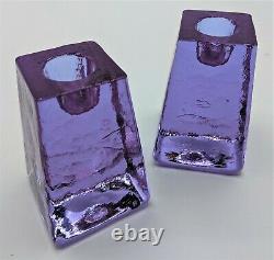 Fire & Light Art Glass Neodymium Candle Stick Holder Pair Lavender Blue Dichroic