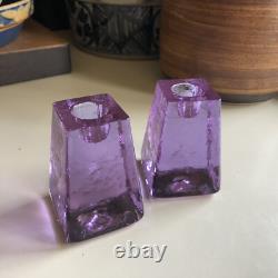 Fire and Light Lavender Neodymium Recycled Purple Glass Candleholders Signed CA