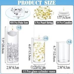 Floating Candle Centerpiece Set, 24 Candles, 12 Glass Vases, Ice Cubes & Pearls