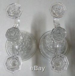 Fostoria American Double Candlestick Holders with Bobeche and Prisms # 288