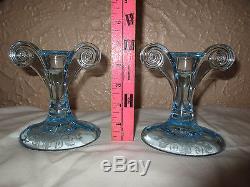 Fostoria Azure Blue #278 Versailles Etch #2395 1/2 Scroll Pair of Candleholders