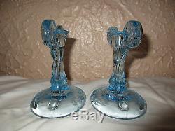 Fostoria Azure Blue #278 Versailles Etch #2395 1/2 Scroll Pair of Candleholders