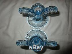 Fostoria Azure Blue #278 Versailles Etch #2395 1/2 Scroll Pair of Candleholders