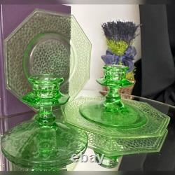 Fostoria Candle Holders Uranium Green Glass Luncheon L. E. Smith Cracky Plates