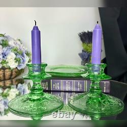 Fostoria Candle Holders Uranium Green Glass Luncheon L. E. Smith Cracky Plates