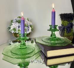 Fostoria Candle Holders Uranium Green Glass Luncheon L. E. Smith Cracky Plates