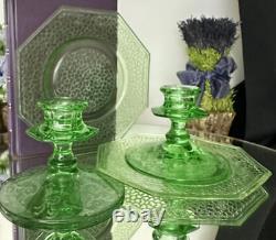 Fostoria Candle Holders Uranium Green Glass Luncheon L. E. Smith Cracky Plates
