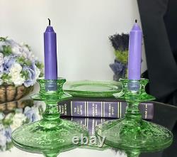 Fostoria Candle Holders Uranium Green Glass Luncheon L. E. Smith Cracky Plates