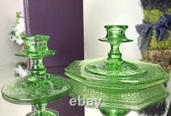 Fostoria Candle Holders Uranium Green Glass Luncheon L. E. Smith Cracky Plates