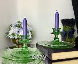 Fostoria Candle Holders Uranium Green Glass Luncheon L. E. Smith Cracky Plates