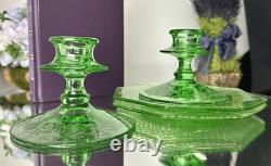 Fostoria Candle Holders Uranium Green Glass Luncheon L. E. Smith Cracky Plates