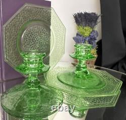Fostoria Candle Holders Uranium Green Glass Luncheon L. E. Smith Cracky Plates