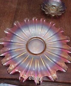 Fostoria Celestial Iridescent Pink Glass Bowl and PLatter and 2 candle Holders