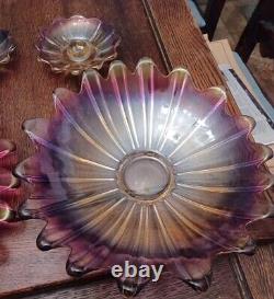 Fostoria Celestial Iridescent Pink Glass Bowl and PLatter and 2 candle Holders