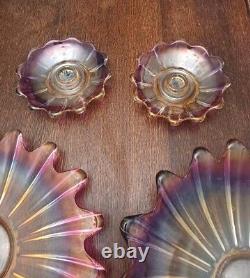 Fostoria Celestial Iridescent Pink Glass Bowl and PLatter and 2 candle Holders