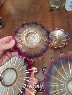 Fostoria Celestial Iridescent Pink Glass Bowl and PLatter and 2 candle Holders