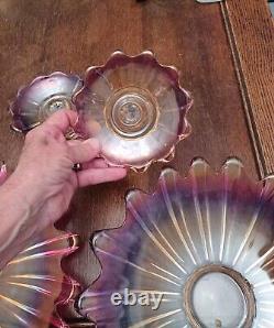 Fostoria Celestial Iridescent Pink Glass Bowl and PLatter and 2 candle Holders