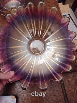 Fostoria Celestial Iridescent Pink Glass Bowl and PLatter and 2 candle Holders