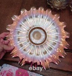 Fostoria Celestial Iridescent Pink Glass Bowl and PLatter and 2 candle Holders