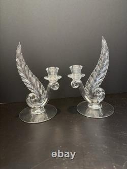 Fostoria Clear Glass Plume Candle Holders Set Of 2