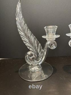 Fostoria Clear Glass Plume Candle Holders Set Of 2