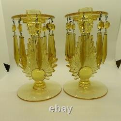 Fostoria Pair Of Candleholders With Prisms Flame #2545 Topaz Gorgeous