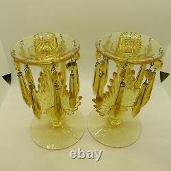 Fostoria Pair Of Candleholders With Prisms Flame #2545 Topaz Gorgeous