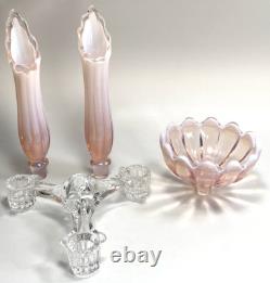 Fostoria Table Charms Clear with 2-Opalescent Pink Peg Vase & Candle Bowl