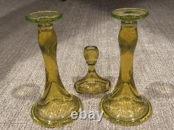 Fostoria Vaseline Uranium Yellow Green 9.5 Trumpet Candlestick Holders Set Lot