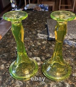 Fostoria Vaseline Uranium Yellow Green 9.5 Trumpet Candlestick Holders Set Lot